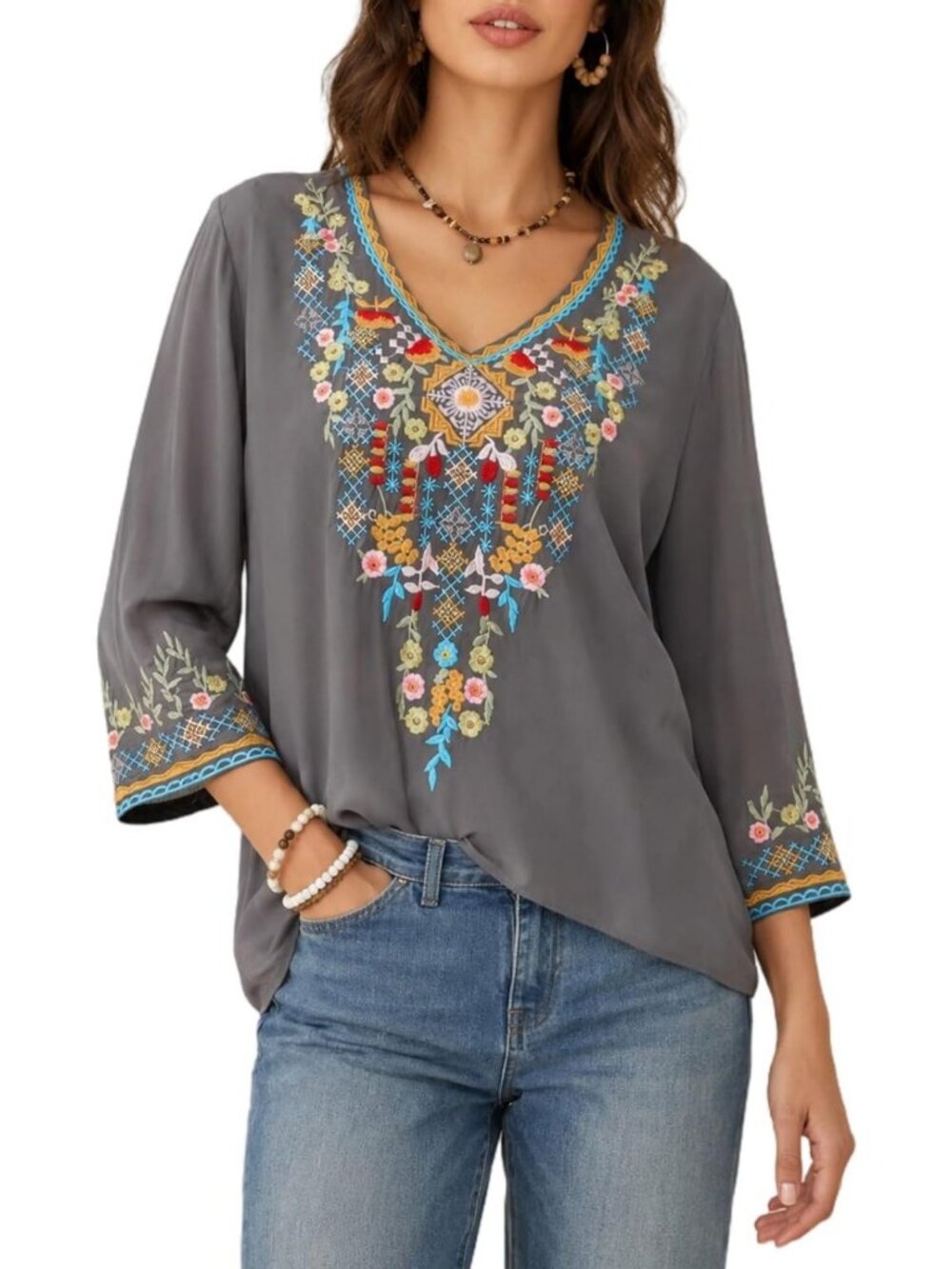 Boho Embroidered Peasant Top | 3/4 Sleeve V-Neck Mexican Tunic Blouse